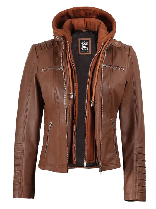 Women's Cognac Brown Leather Jacket With Removable Hood - Vox Leather