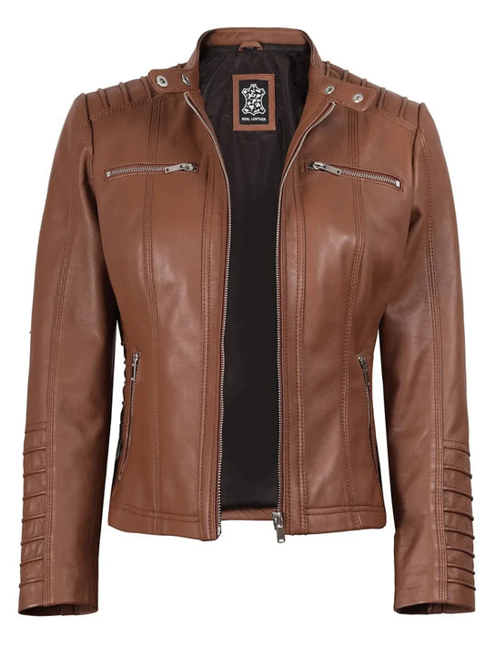 Women's Cognac Brown Leather Jacket With Removable Hood - Vox Leather