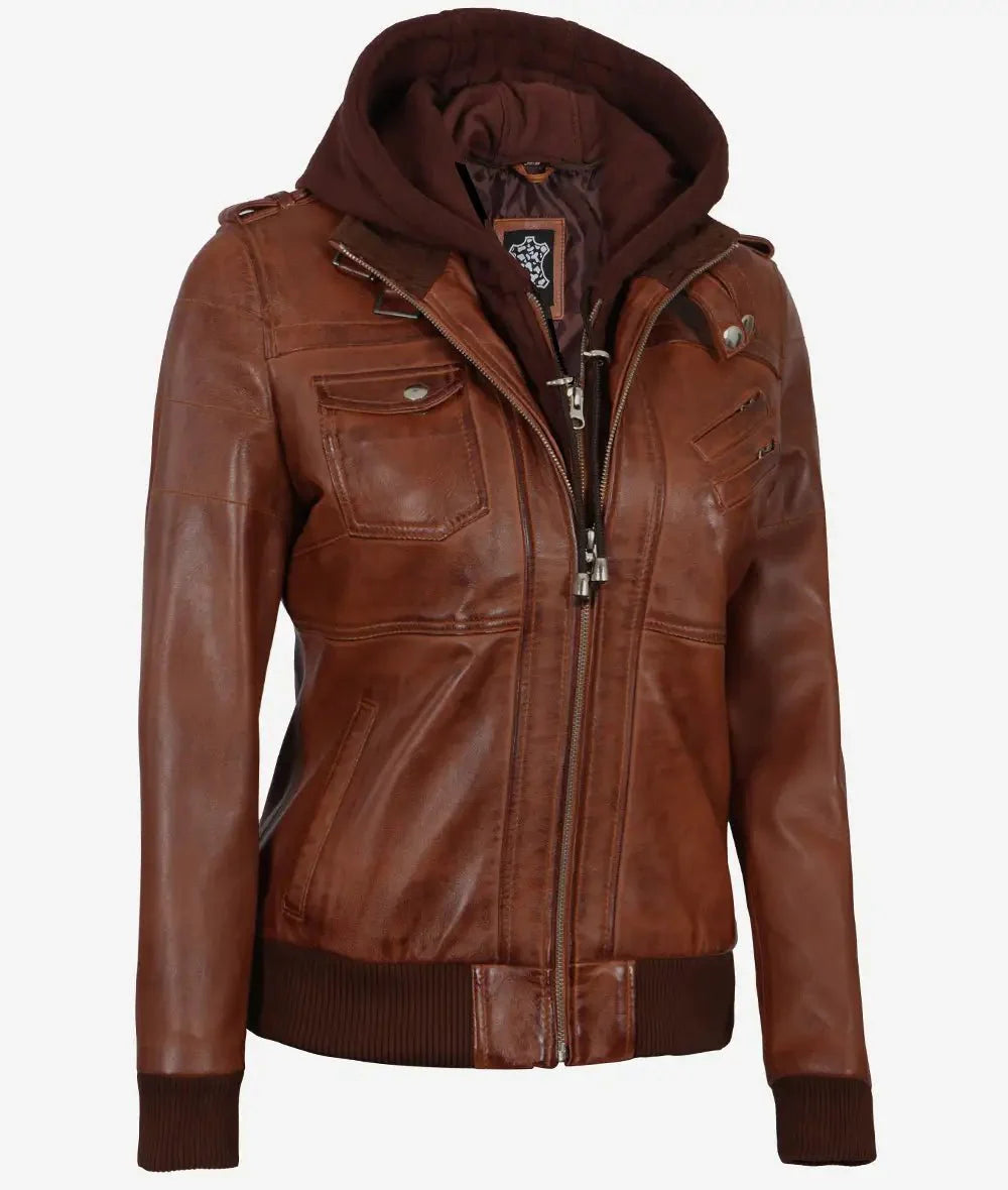 Women's Cognac Brown Leather Jacket with Removeable Hood - Rare Leather