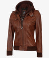 Women's Cognac Brown Leather Jacket with Removeable Hood - Rare Leather