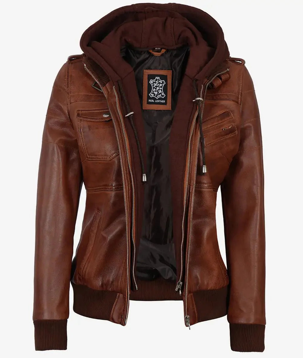 Women's Cognac Brown Leather Jacket with Removeable Hood - Rare Leather