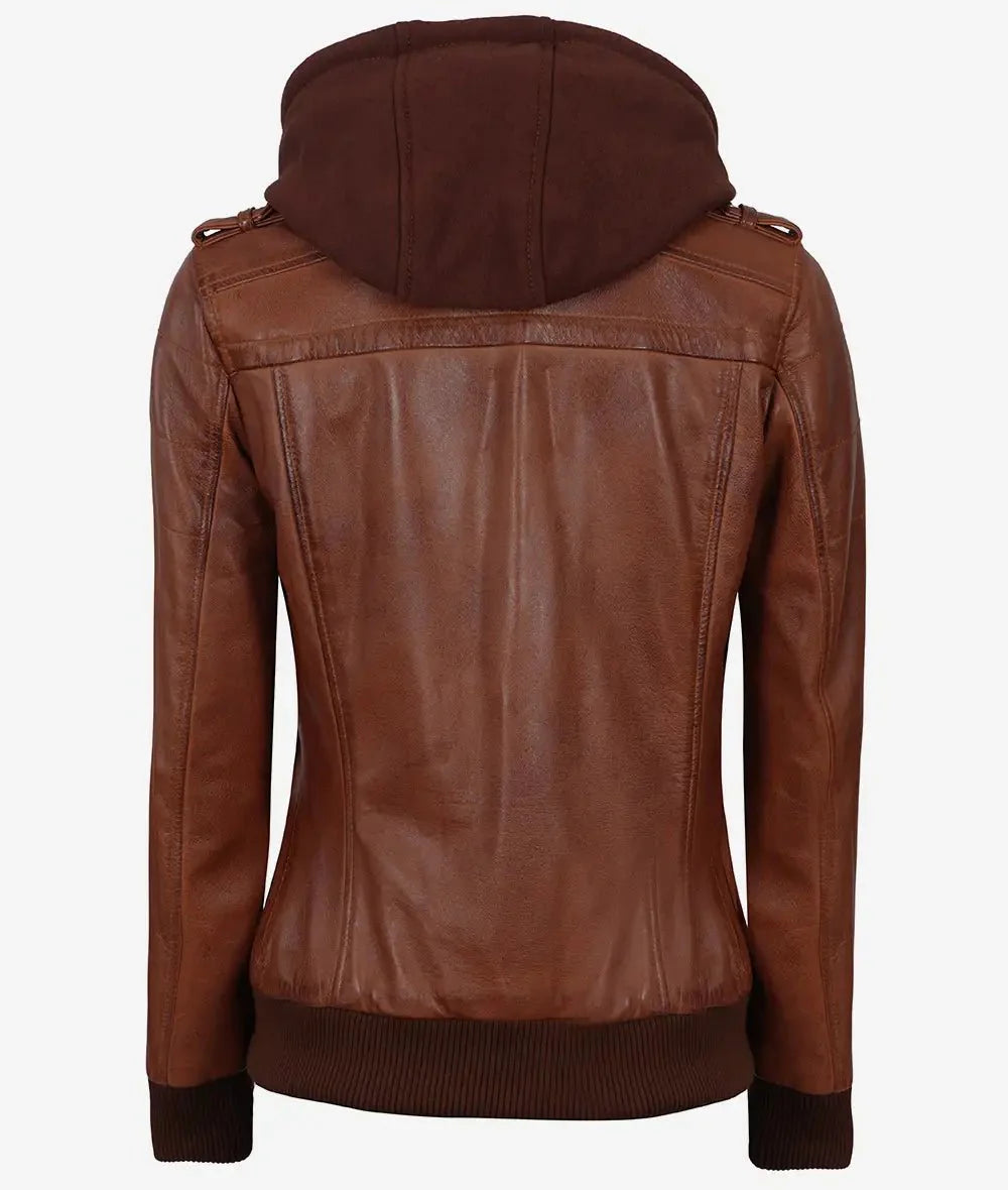 Women's Cognac Brown Leather Jacket with Removeable Hood - Rare Leather