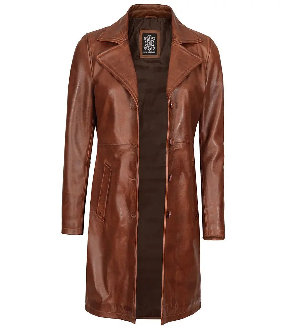 Women's Cognac Brown Real Leather 3/4 Length Coat - Vox Leather