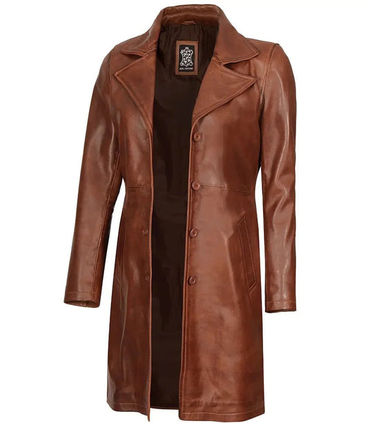 Women's Cognac Brown Real Leather 3/4 Length Coat - Vox Leather