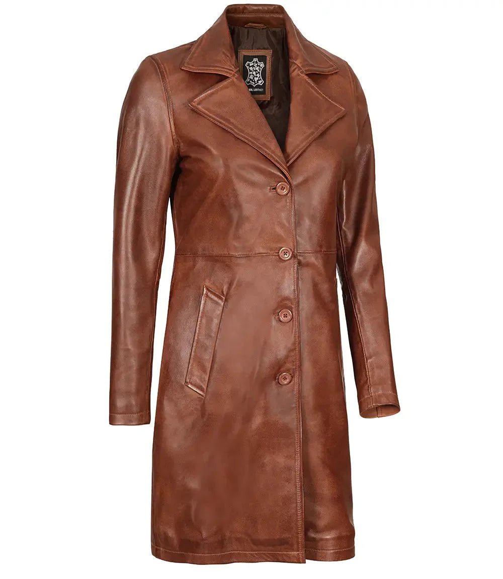 Women's Cognac Brown Real Leather 3/4 Length Coat - Vox Leather