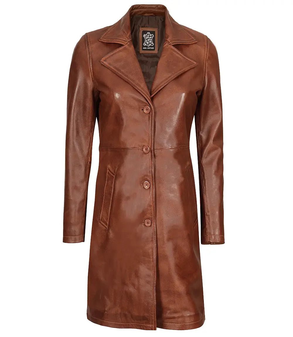 Women's Cognac Brown Real Leather 3/4 Length Coat - Vox Leather