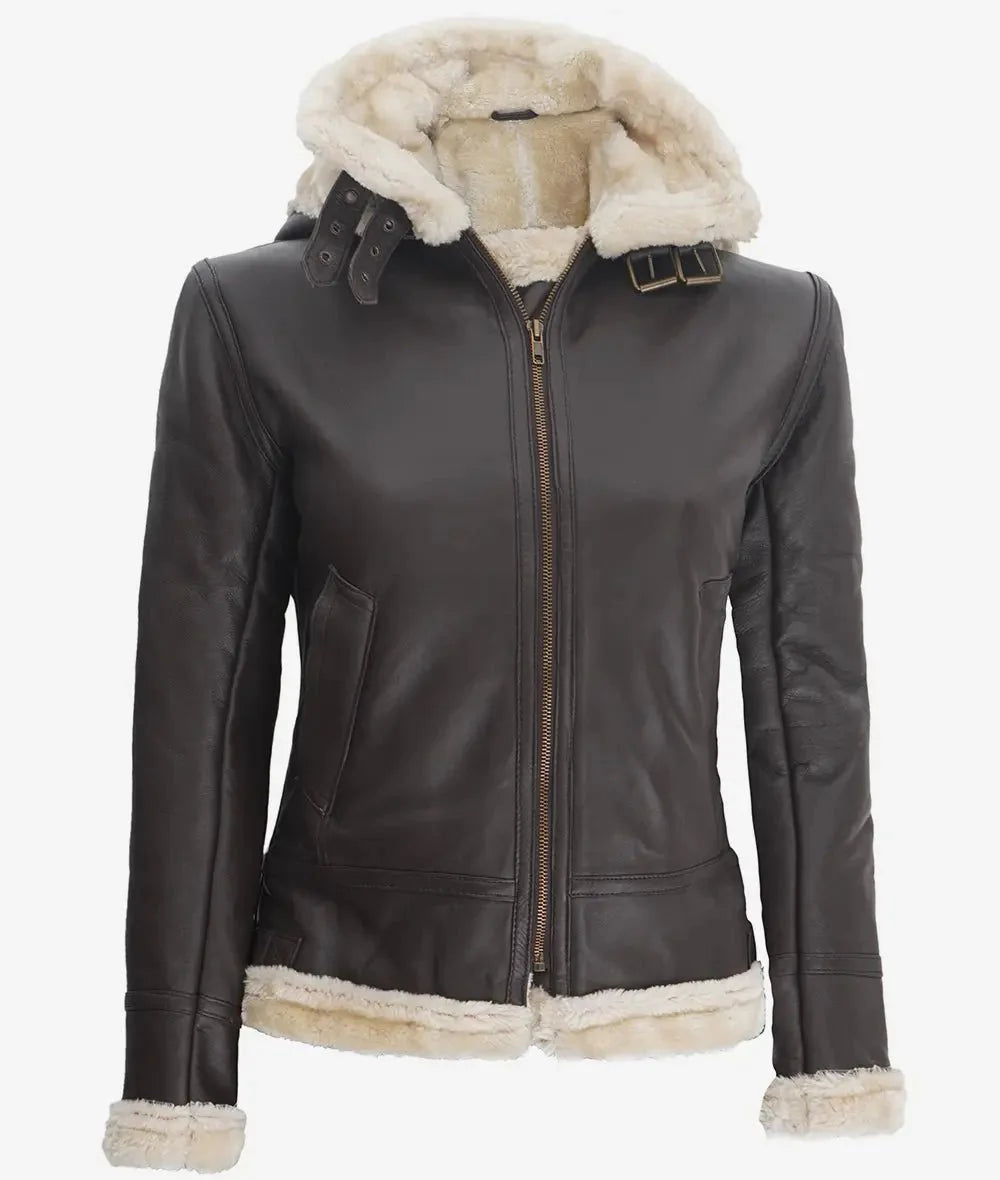 Womens Dark Brown Hooded Shearling Leather Jacket - Rare Leather
