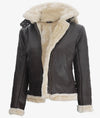 Womens Dark Brown Hooded Shearling Leather Jacket - Rare Leather