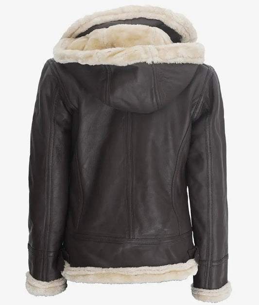Womens Dark Brown Hooded Shearling Leather Jacket - Vox Leather