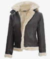 Womens Dark Brown Hooded Shearling Leather Jacket - Vox Leather