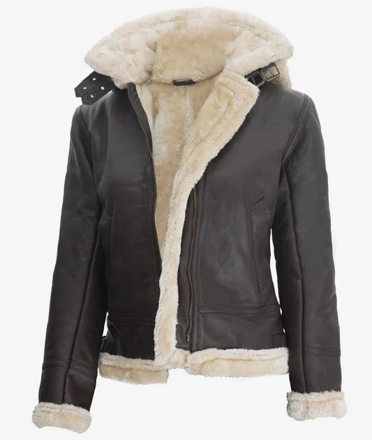 Womens Dark Brown Hooded Shearling Leather Jacket - Vox Leather