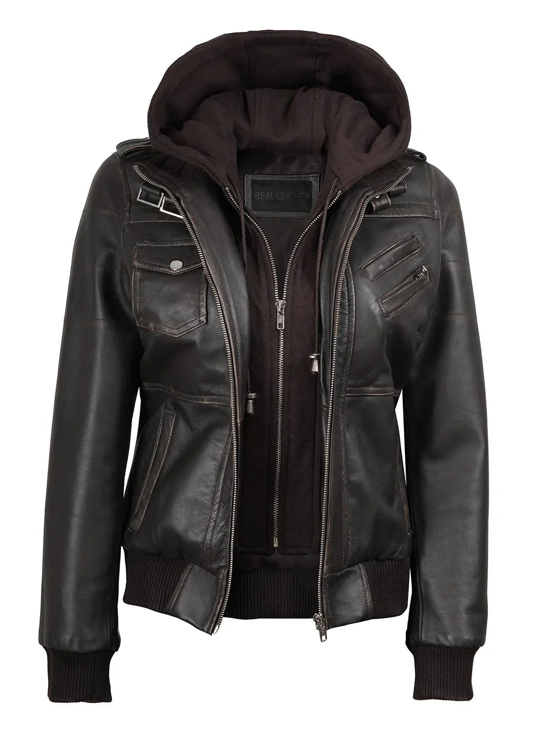 Women's Dark Brown Rub Off Leather Jacket with Removable Hood - Rare Leather