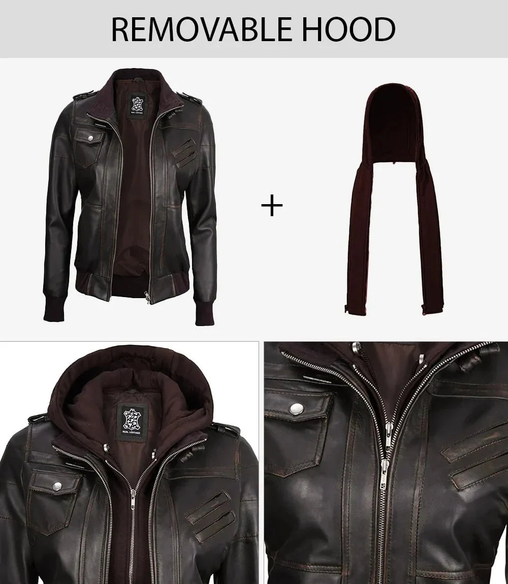 Women's Dark Brown Rub Off Leather Jacket with Removable Hood - Rare Leather