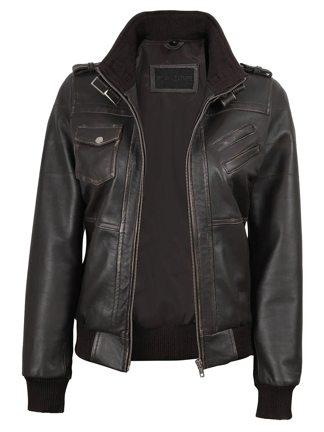 Women's Dark Brown Rub Off Leather Jacket with Removable Hood - Rare Leather