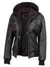 Women's Dark Brown Rub Off Leather Jacket with Removable Hood - Rare Leather