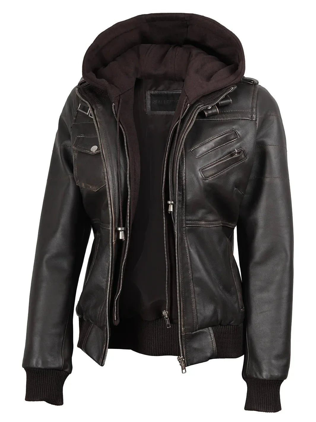 Women's Dark Brown Rub Off Leather Jacket with Removable Hood - Rare Leather
