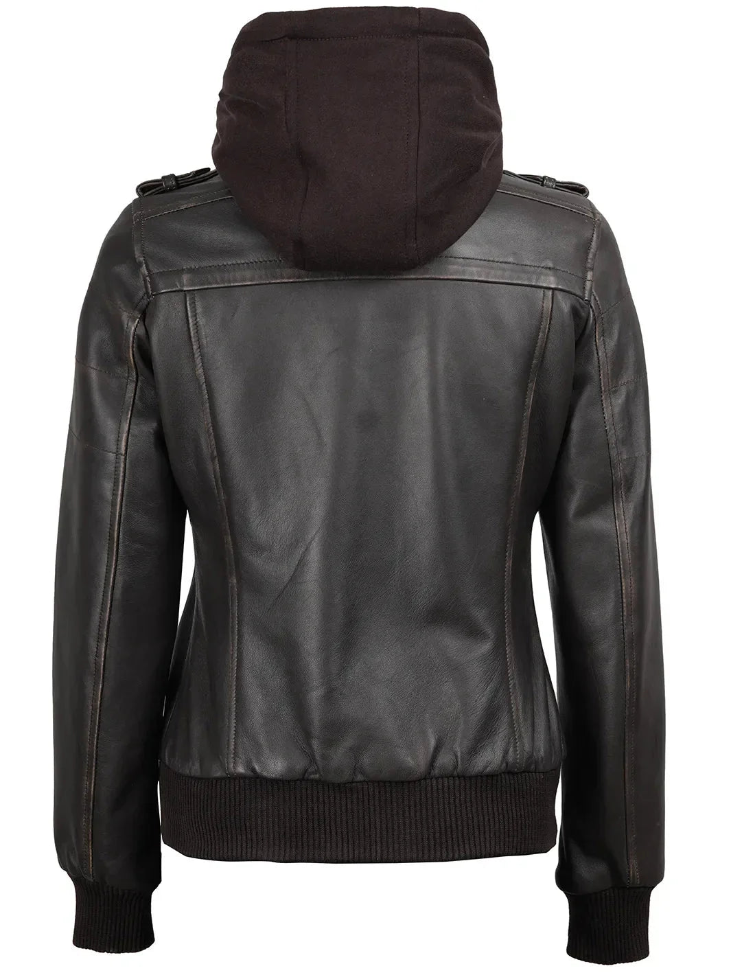 Women's Dark Brown Rub Off Leather Jacket with Removable Hood - Rare Leather