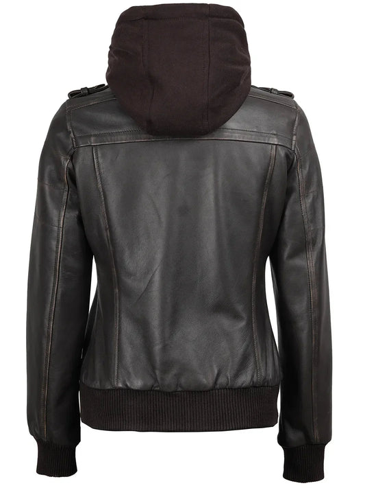 Women's Dark Brown Rub Off Leather Jacket with Removable Hood - Rare Leather