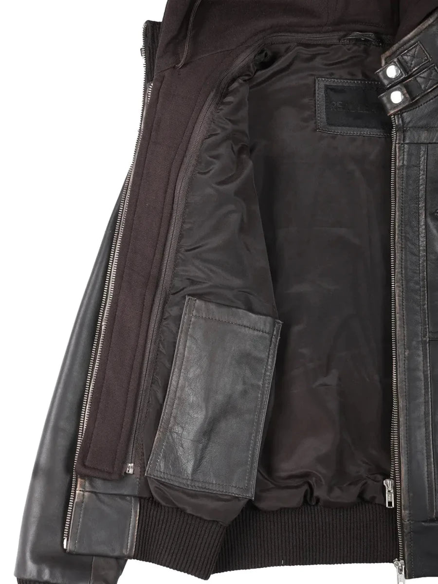 Women's Dark Brown Rub Off Leather Jacket with Removable Hood - Vox Leather