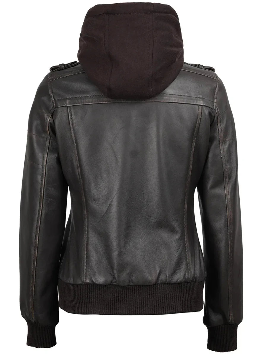 Women's Dark Brown Rub Off Leather Jacket with Removable Hood - Vox Leather