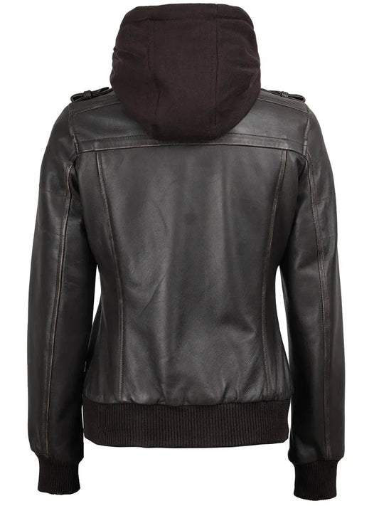 Women's Dark Brown Rub Off Leather Jacket with Removable Hood - Vox Leather