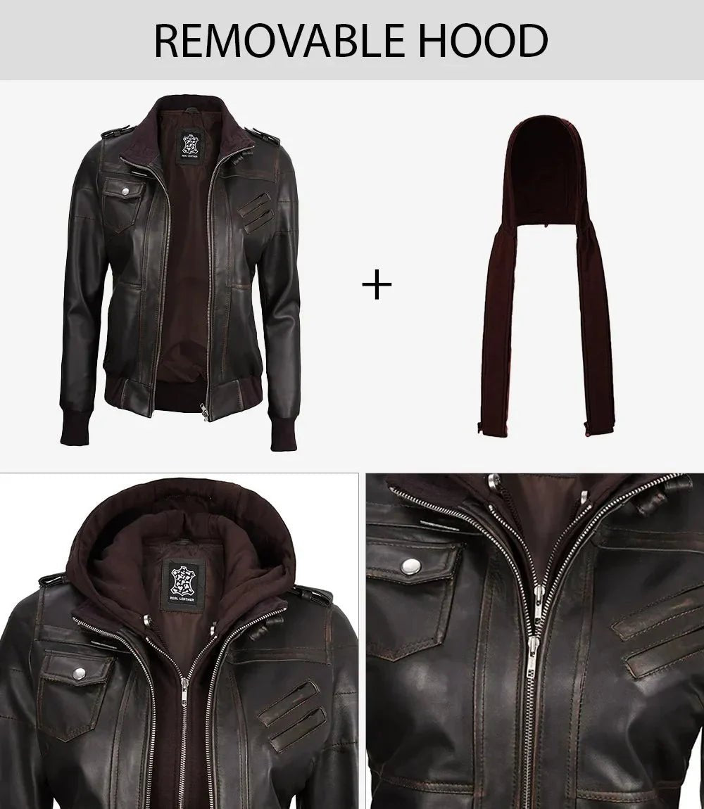 Women's Dark Brown Rub Off Leather Jacket with Removable Hood - Vox Leather
