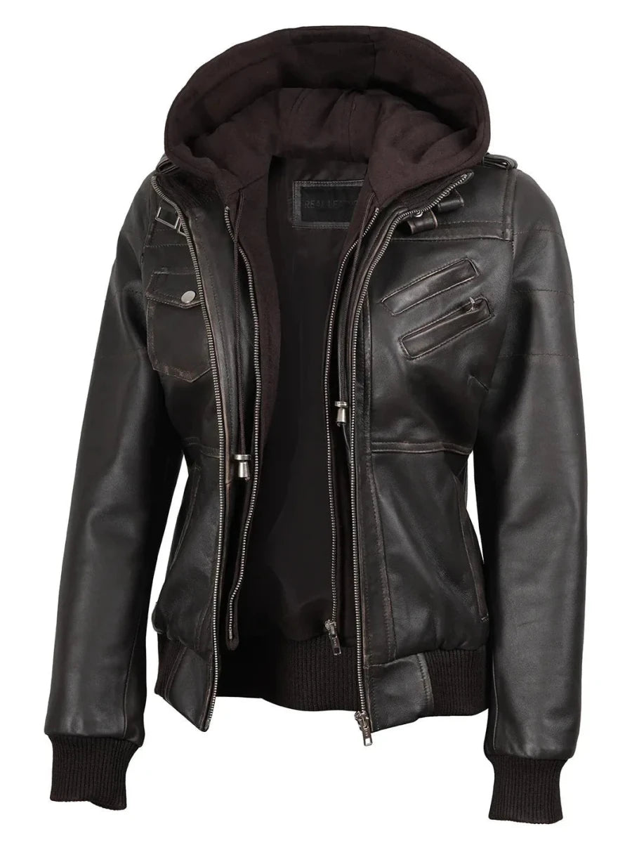 Women's Dark Brown Rub Off Leather Jacket with Removable Hood - Vox Leather