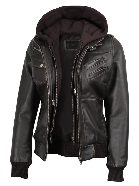 Women's Dark Brown Rub Off Leather Jacket with Removable Hood - Vox Leather