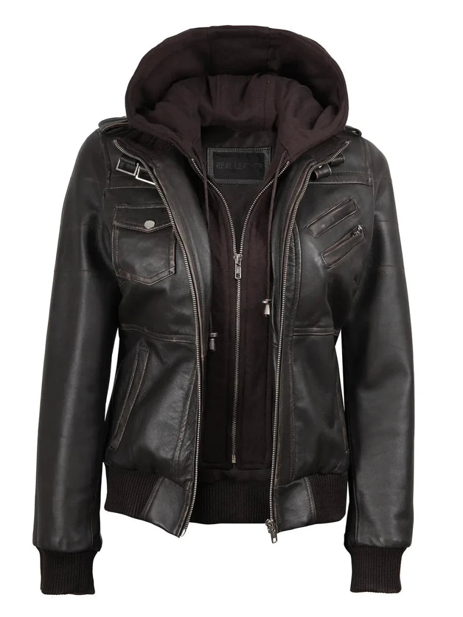 Women's Dark Brown Rub Off Leather Jacket with Removable Hood - Vox Leather