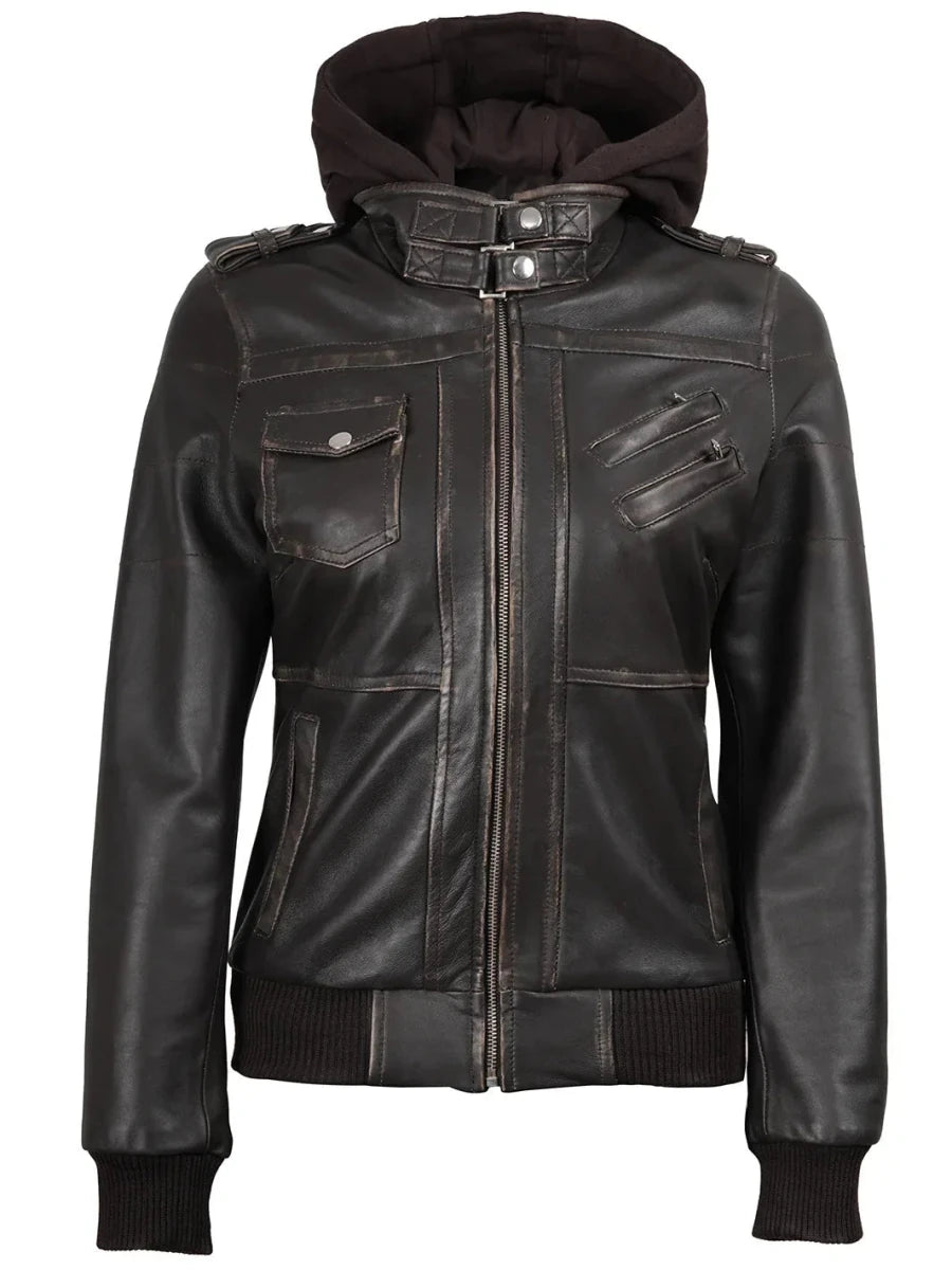 Women's Dark Brown Rub Off Leather Jacket with Removable Hood - Vox Leather