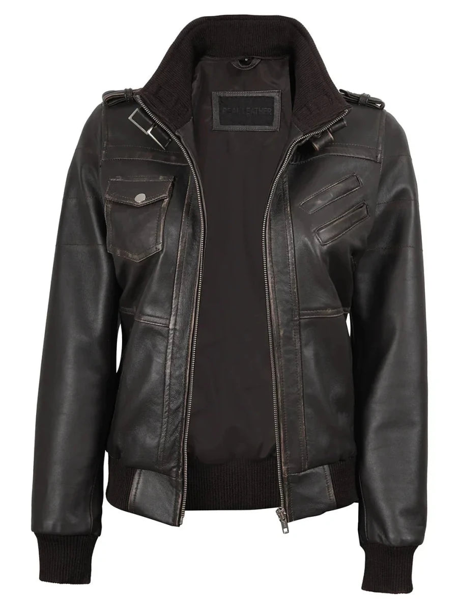 Women's Dark Brown Rub Off Leather Jacket with Removable Hood - Vox Leather