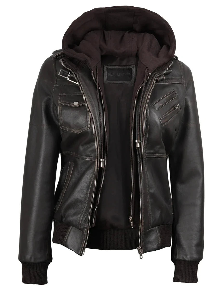 Women's Dark Brown Rub Off Leather Jacket with Removable Hood - Vox Leather
