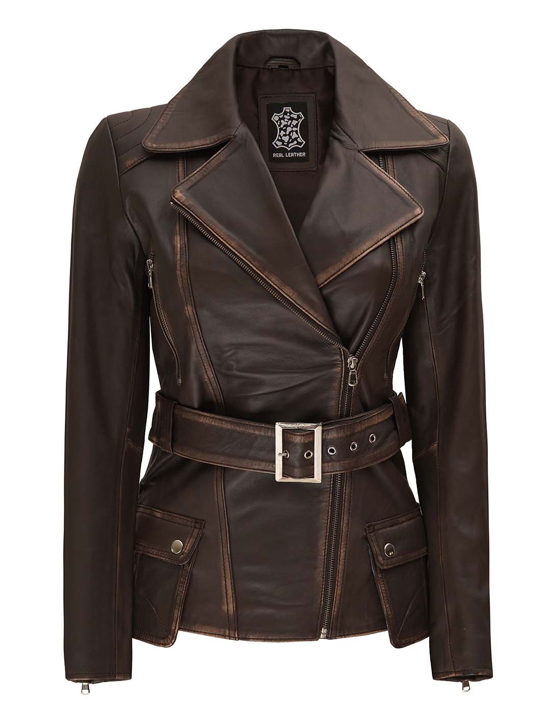 Women's Distressed Brown Asymmetrical Leather Biker Jacket - Rare Leather
