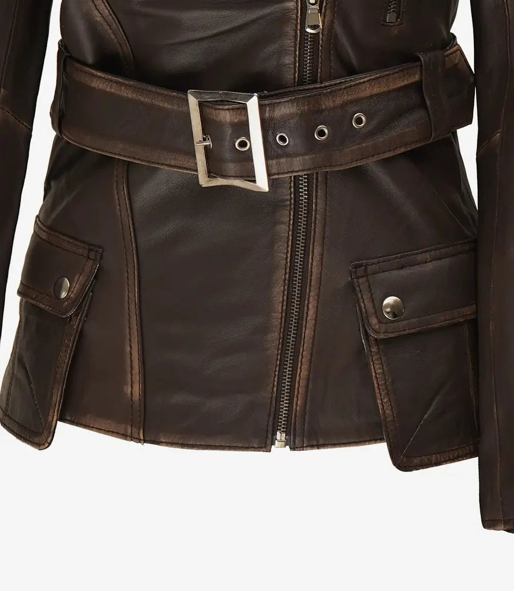 Women's Distressed Brown Asymmetrical Leather Biker Jacket - Rare Leather