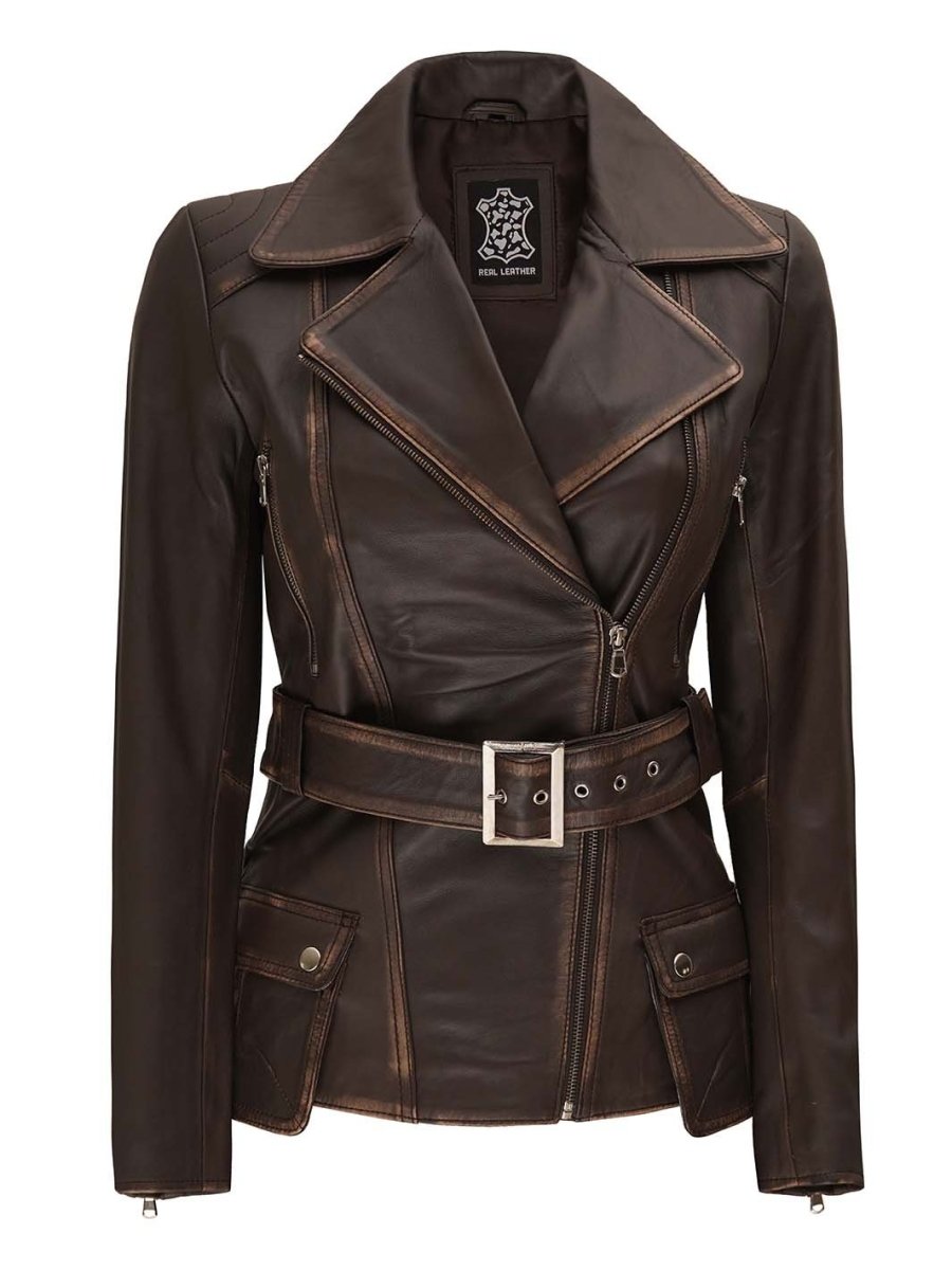 Women's Distressed Brown Asymmetrical Leather Biker Jacket - Vox Leather