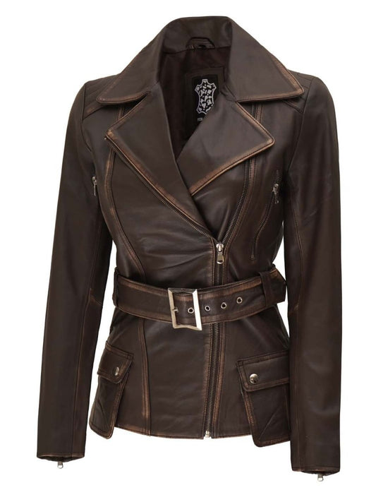 Women's Distressed Brown Asymmetrical Leather Biker Jacket - Vox Leather