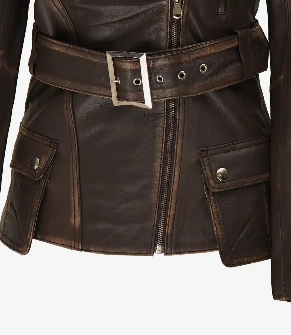 Women's Distressed Brown Asymmetrical Leather Biker Jacket - Vox Leather