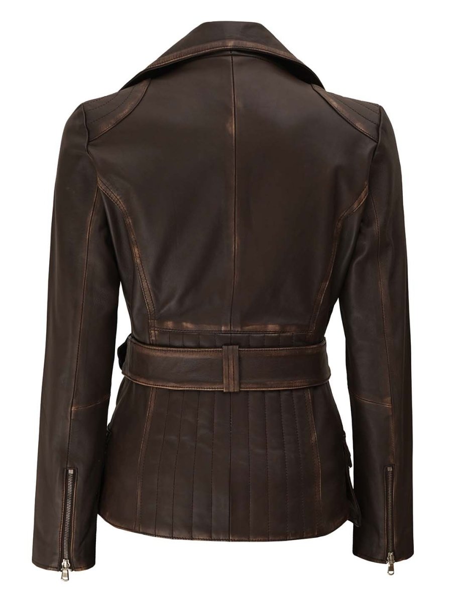 Women's Distressed Brown Asymmetrical Leather Biker Jacket - Vox Leather