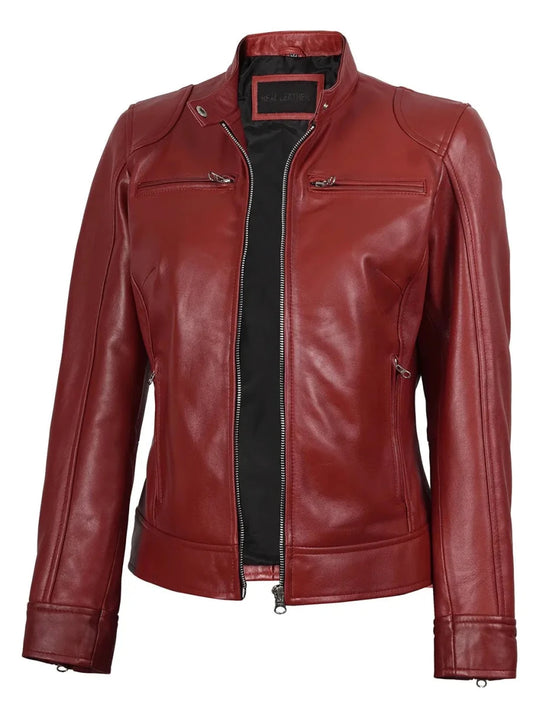Women's Dodge Cafe Racer Red Leather Jacket - Vox Leather