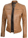 Women's Dodge Camel Brown Cafe Racer Leather Jacket - Rare Leather