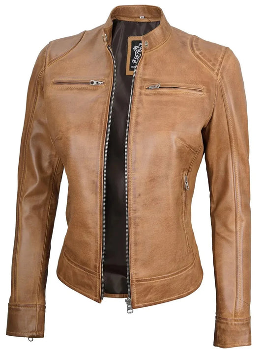 Women's Dodge Camel Brown Cafe Racer Leather Jacket - Vox Leather