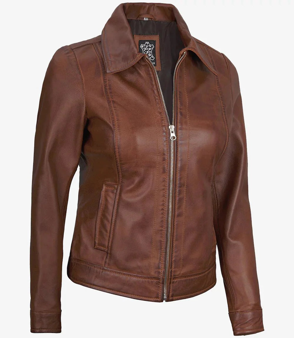 Women's Harrington Leather Jacket Cognac Brown Wax - Rare Leather