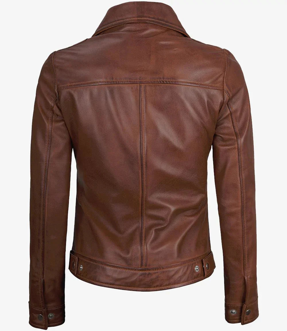 Women's Harrington Leather Jacket Cognac Brown Wax - Rare Leather
