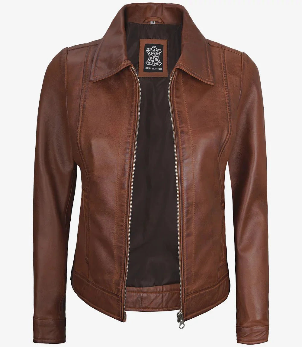 Women's Harrington Leather Jacket Cognac Brown Wax - Rare Leather