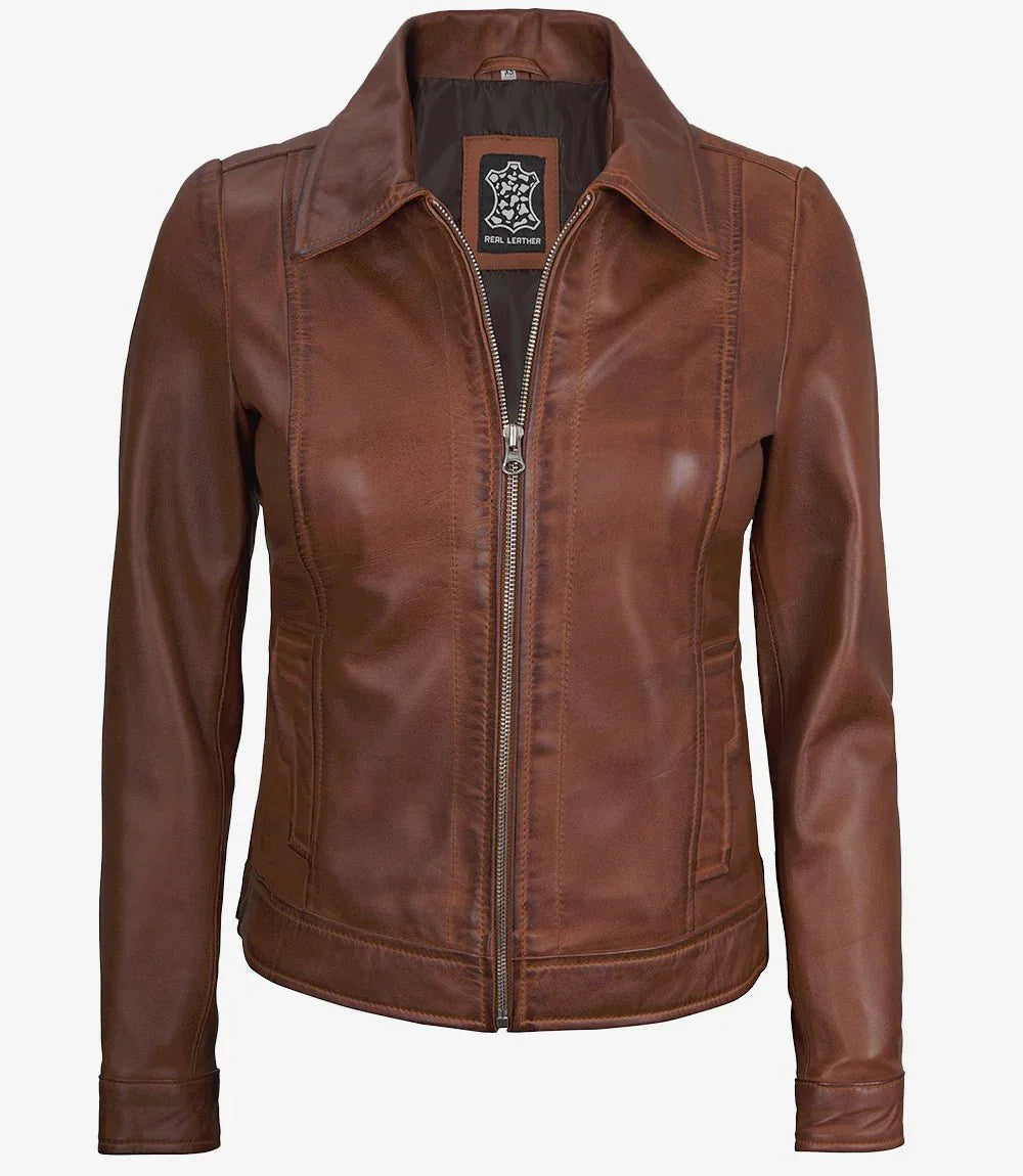 Women's Harrington Leather Jacket Cognac Brown Wax - Rare Leather