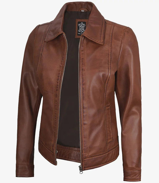 Women's Harrington Leather Jacket Cognac Brown Wax - Vox Leather