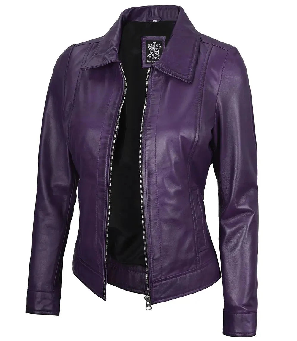 Women's Harrington Purple Leather Jacket - Rare Leather