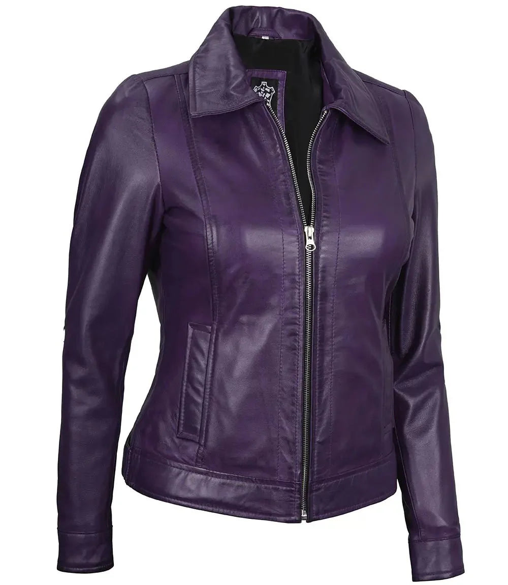 Women's Harrington Purple Leather Jacket - Rare Leather