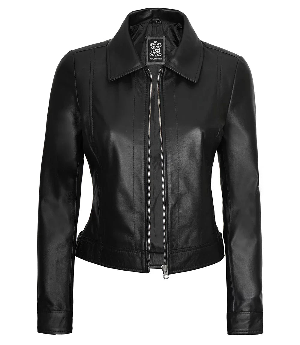 Women's Harrington Style Black Real Leather Jacket - Rare Leather