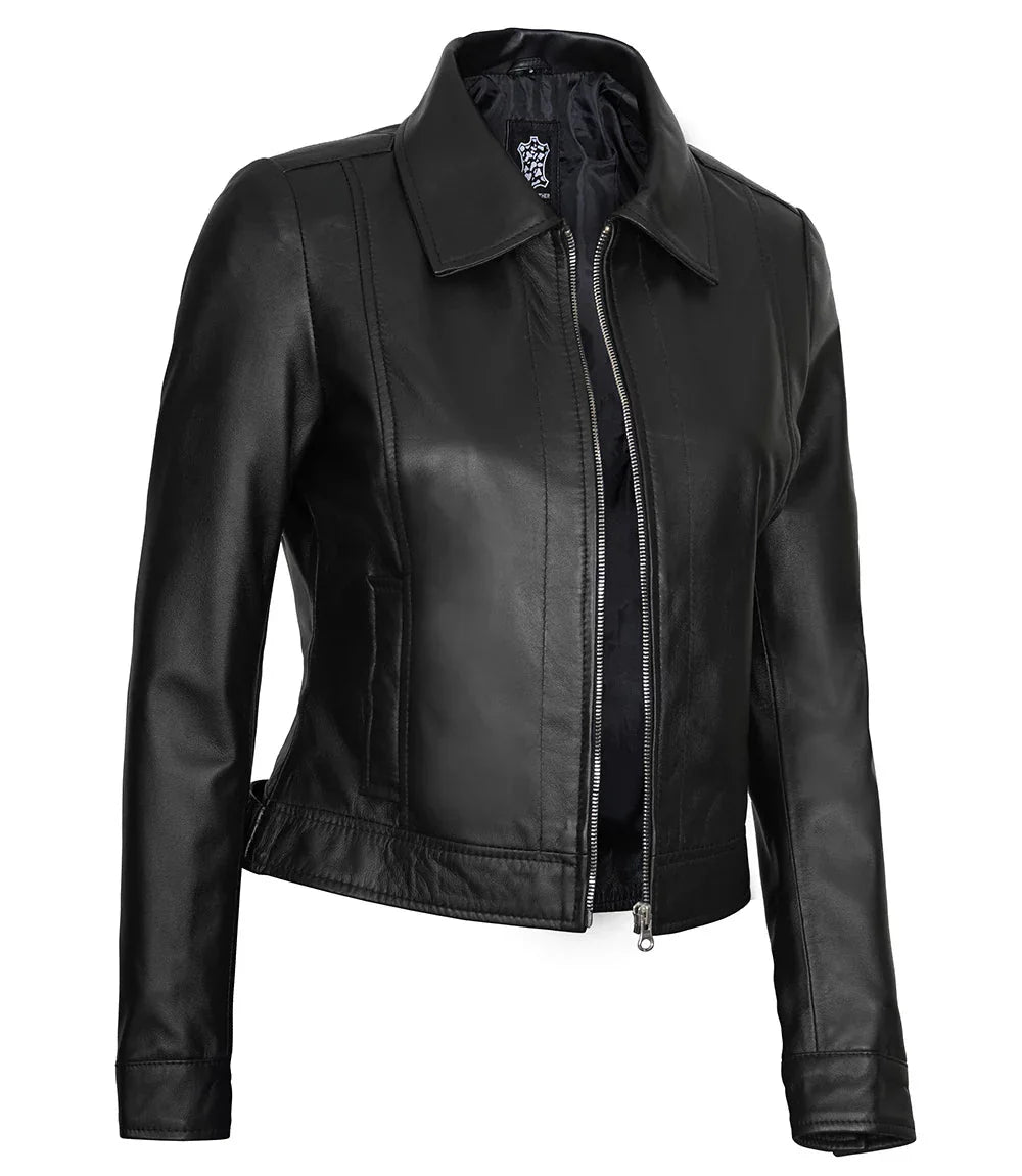 Women's Harrington Style Black Real Leather Jacket - Rare Leather